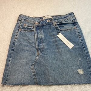 Zara Signature Denim The Crossed Fly Mini Skirt Azure Blue Asymmetrical NWT